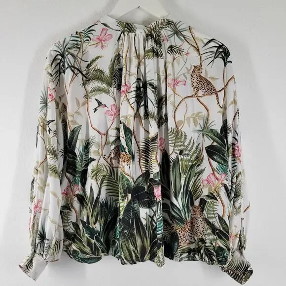 H&M Blouse Womens Sz 12 Cheetah Jungle Print Floral Novelty Long Sleeve - Picture 6 of 10